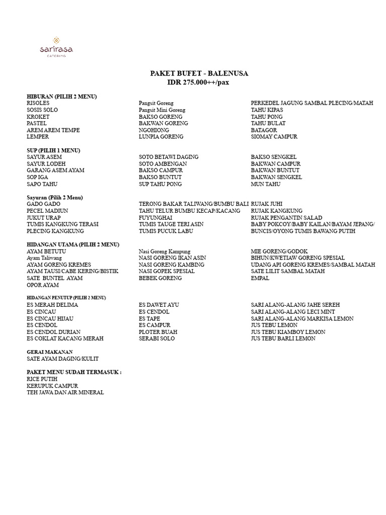 Paket Buffet Balenusa Menu Lengkap | PDF