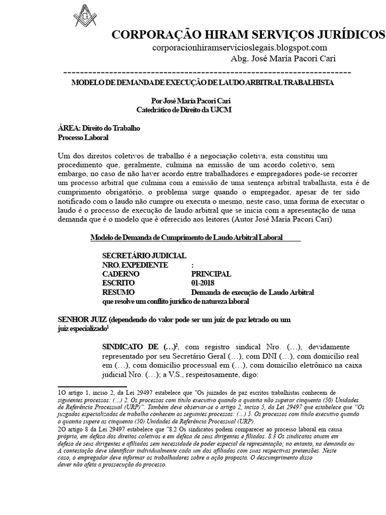 Modelo de Demanda de Execução de Laudo Arbitral Trabalhista - Autor ...