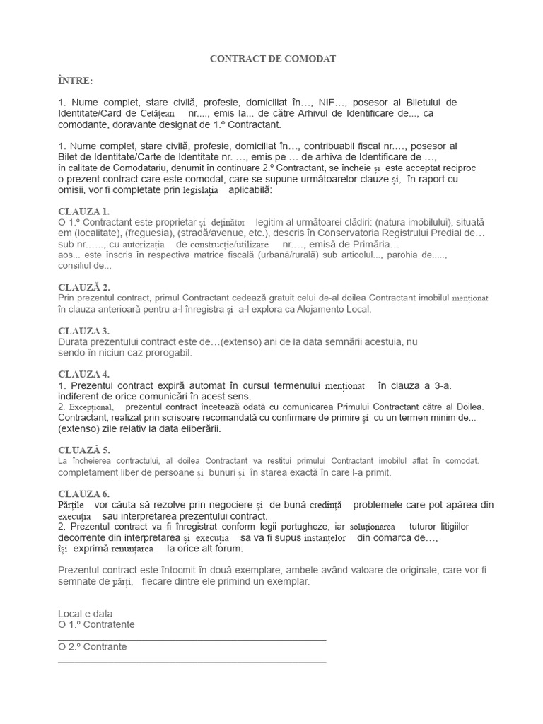 Model Contract de Comodat | PDF