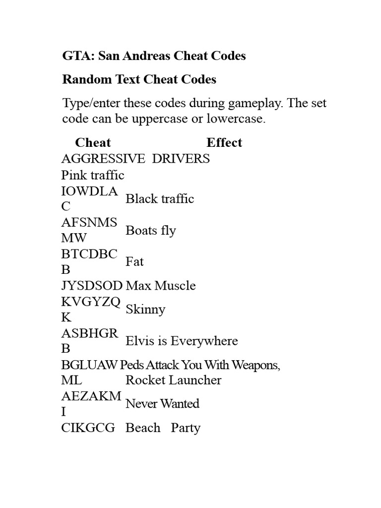 GTA San Andreas Cheat Codes | PDF