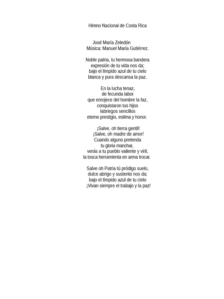 Himnos y Canciones Patrióticas de Costa Rica | PDF