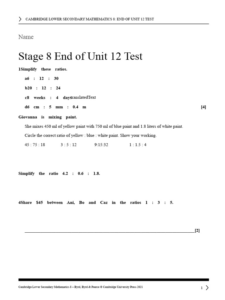 Stage 8 End of Unit 12 Test | PDF | Ratio | Elementary Mathematics