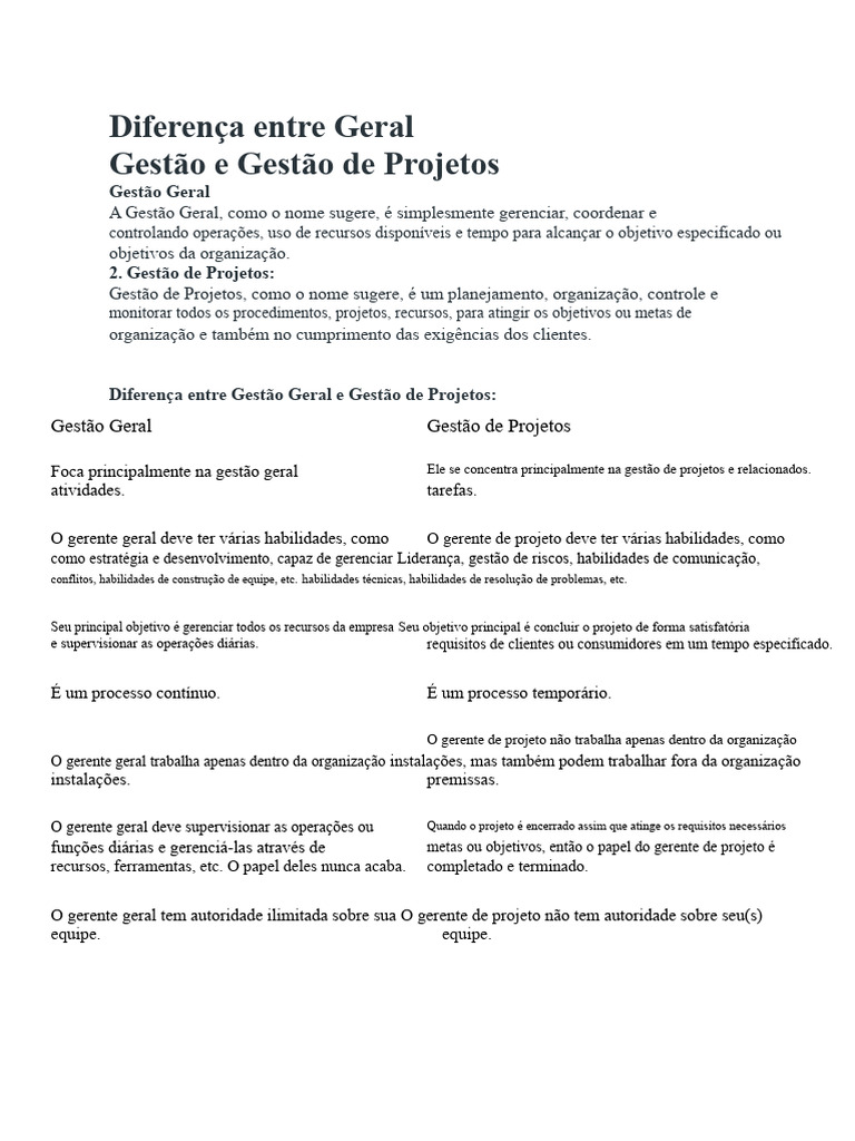 Diferenças entre Gestão Geral e Projetos | PDF | Gestão de projetos ...