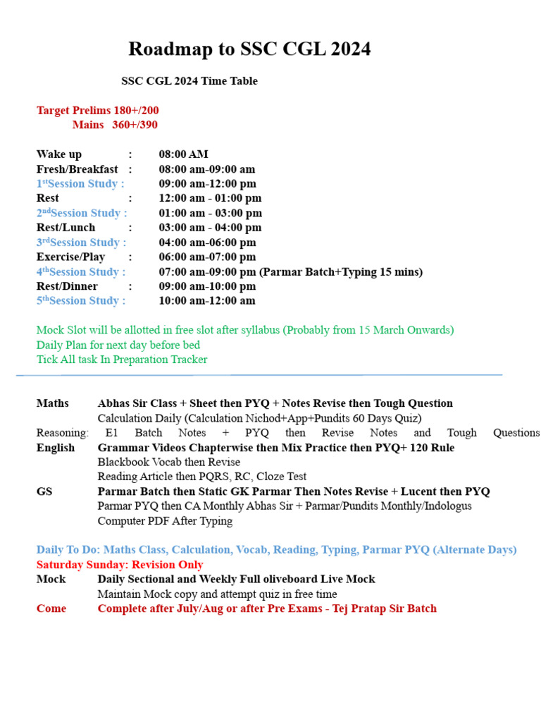 SSC CGL 2024 Study Plan & Schedule | PDF