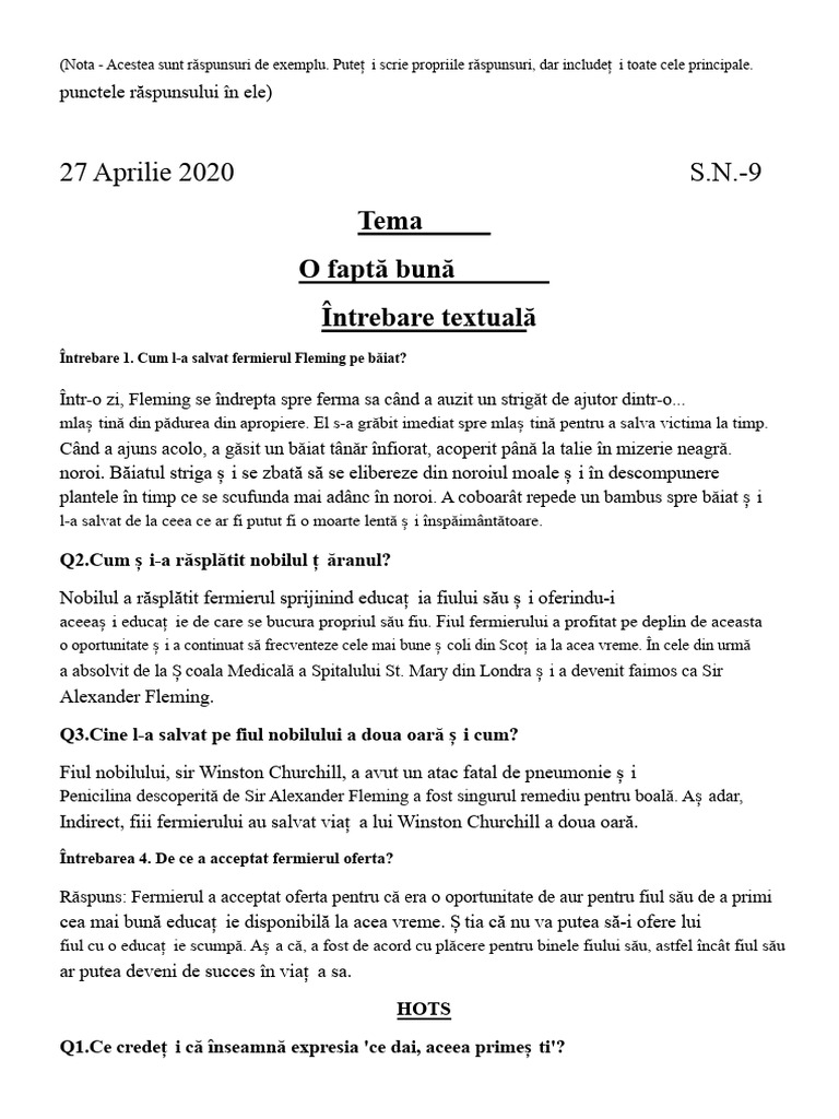 O Fapta Bună - Răspunsuri Exemplu | PDF