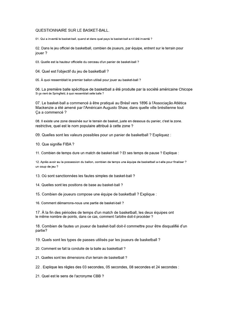 Questionnaire sur le basket-ball | PDF | Asssociation nationale de ...