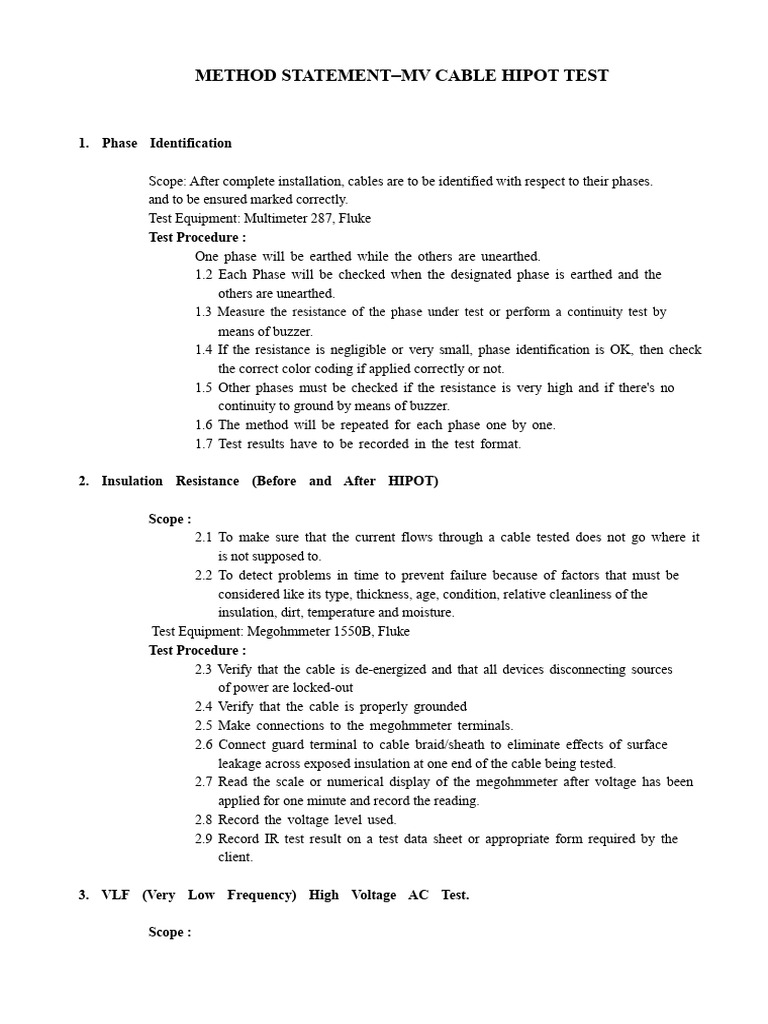 MV Cable Hipot Test Method Statement | PDF | Insulator (Electricity ...