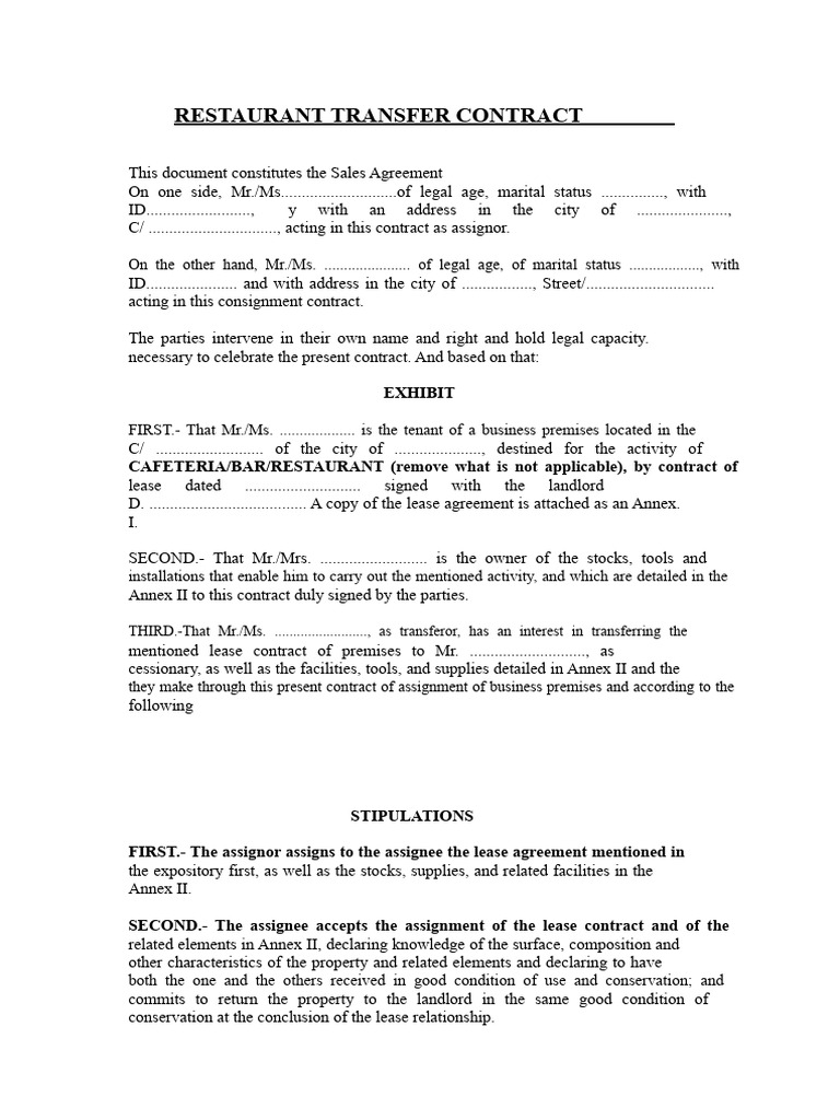 Restaurant Transfer Contract | PDF | Assignment (Law) | Lease