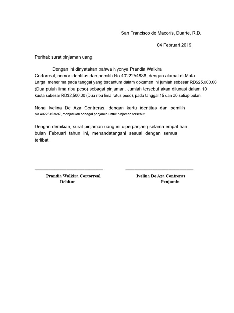 Surat Pinjaman Uang RD$25,000 di R.D. | PDF