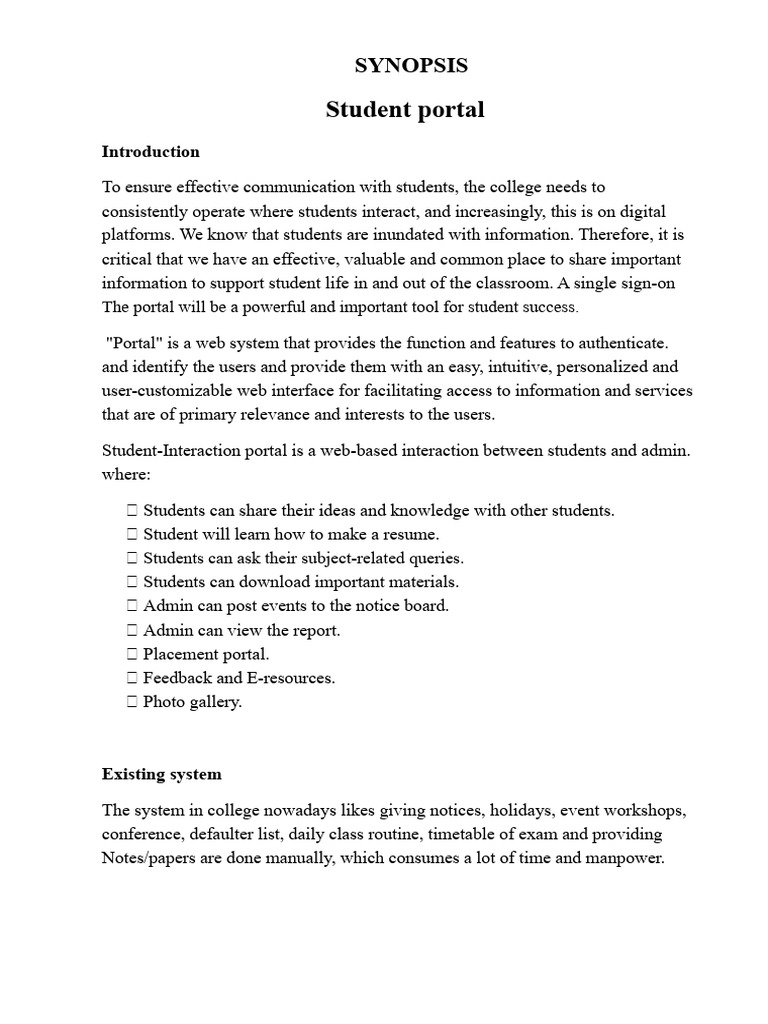 Synopsis Student Portal Doc X | PDF | Microsoft Sql Server | Information