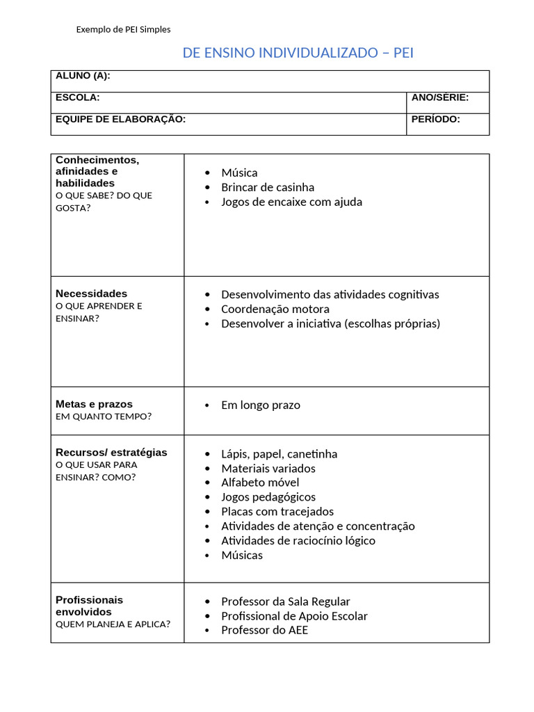 Exemplo de PEI para Ensino Individualizado | PDF