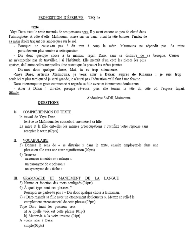 Épreuve de français 4e : TSQ corrigé | PDF