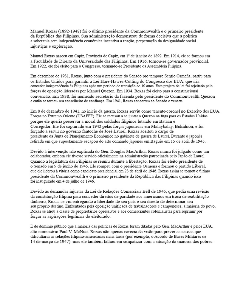 A HISTÓRIA DE MANUEL ROXAS | PDF | Filipinas | Os Estados Unidos