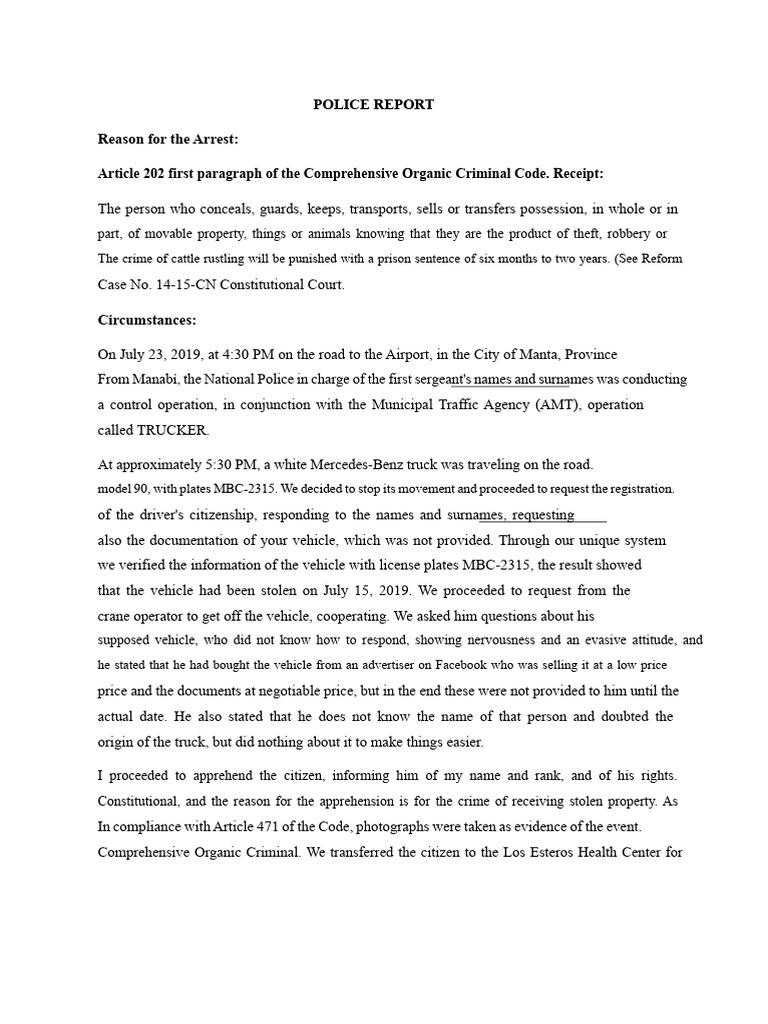 Police Report on Stolen Vehicle Arrest | PDF | Prosecutor | Crimes