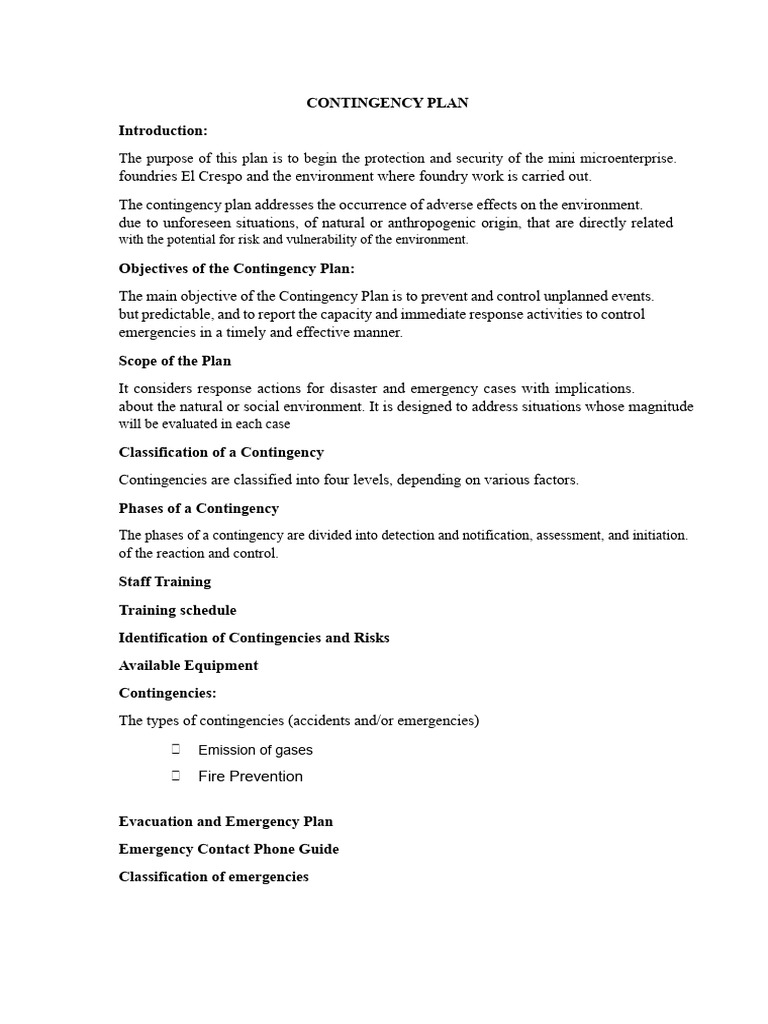 Mini Microenterprise Contingency Plan | PDF
