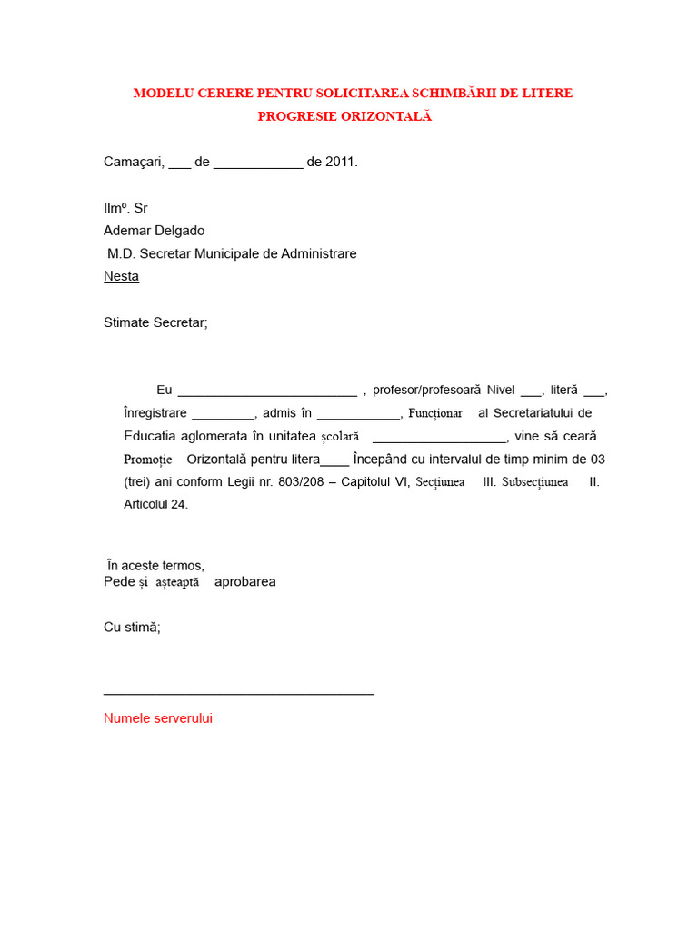 Model de Cerere Pentru Solicitarea Schimbării de Letra | PDF