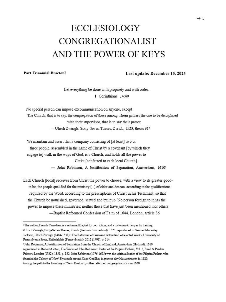 Congregationalist Ecclesiology and The Power of The Keys | PDF | Elder ...