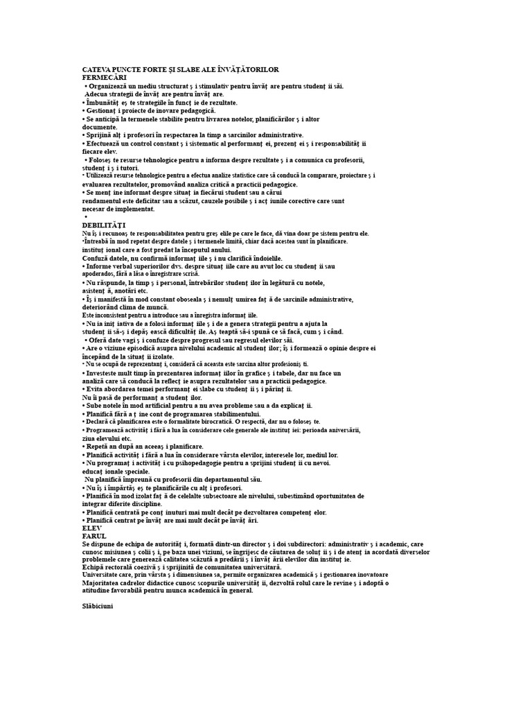 Câteva Puncte Forte Și Slabe Ale Cadrelor Didactice | PDF