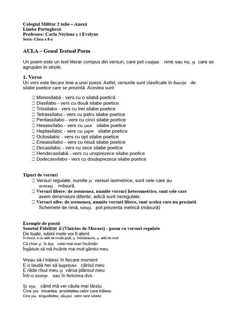 Lecția - Genul Textual Poem - Clasa A 8-A | PDF