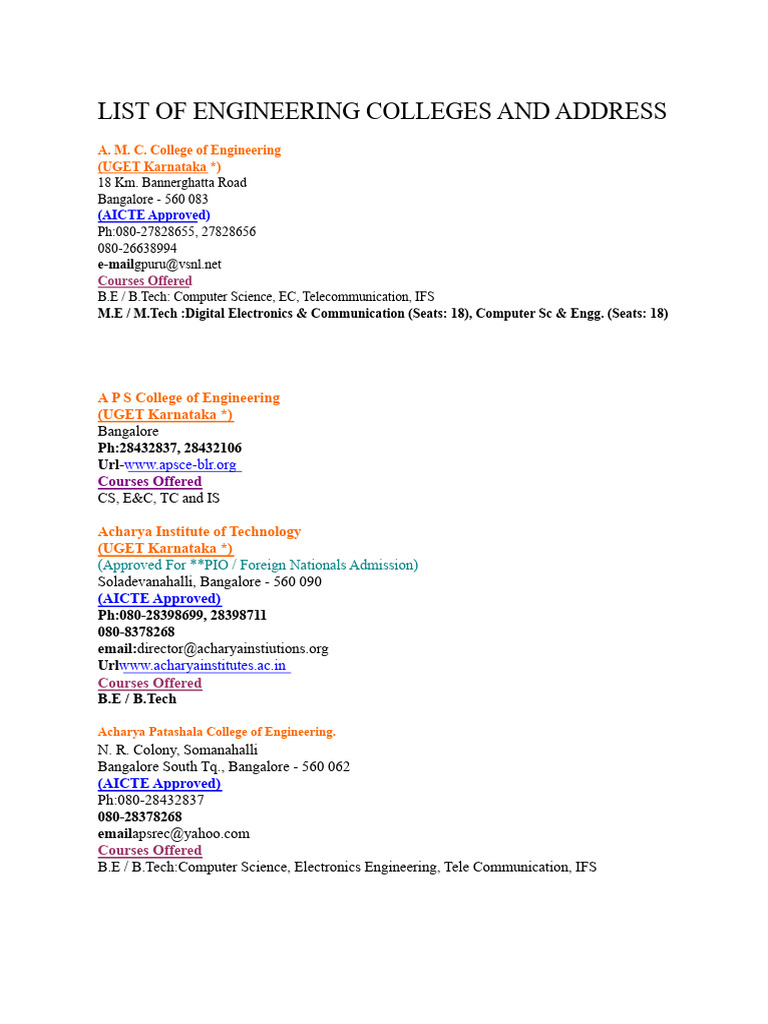 Engineering Colleges in Bangalore List | PDF | Engineering | Physical ...