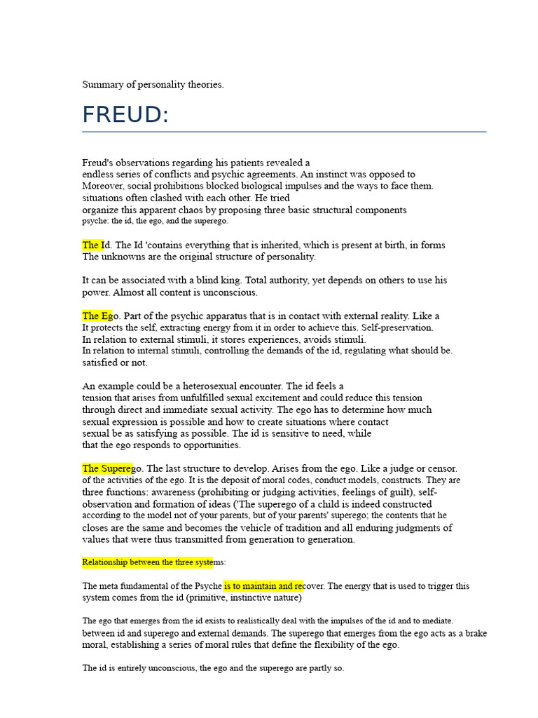 Summary of Personality Theories | PDF | Carl Jung | Shadow (Psychology)