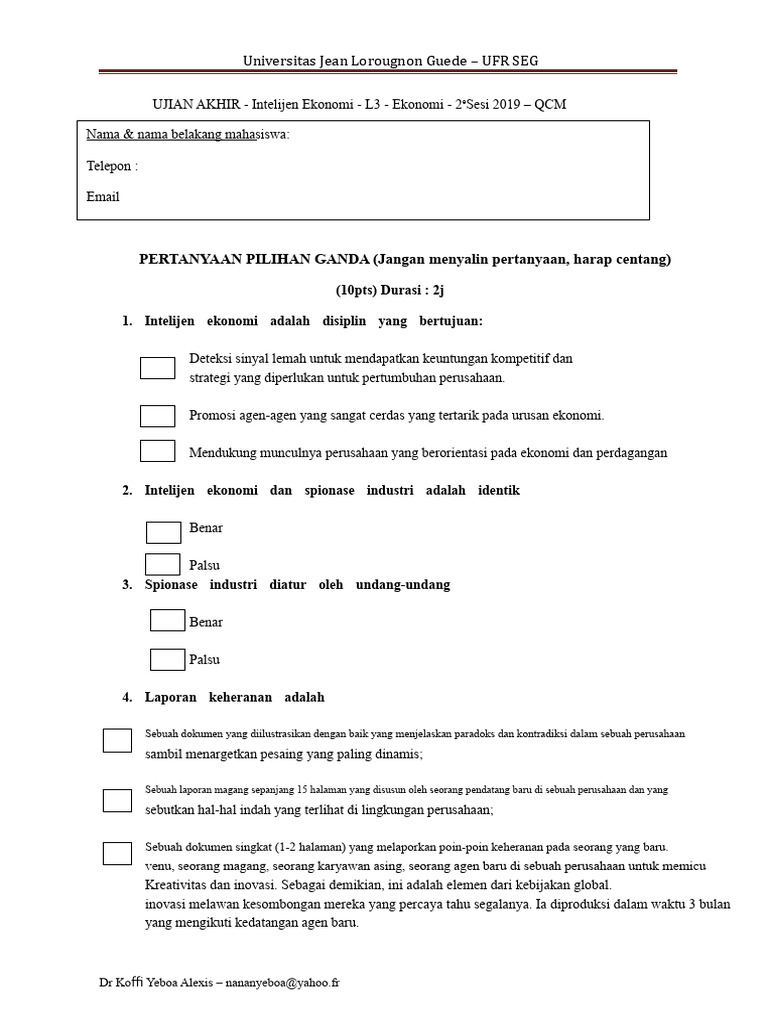 Ujian Sessi 2 L3 Ekonomi 2019 - QCM & Swot | PDF