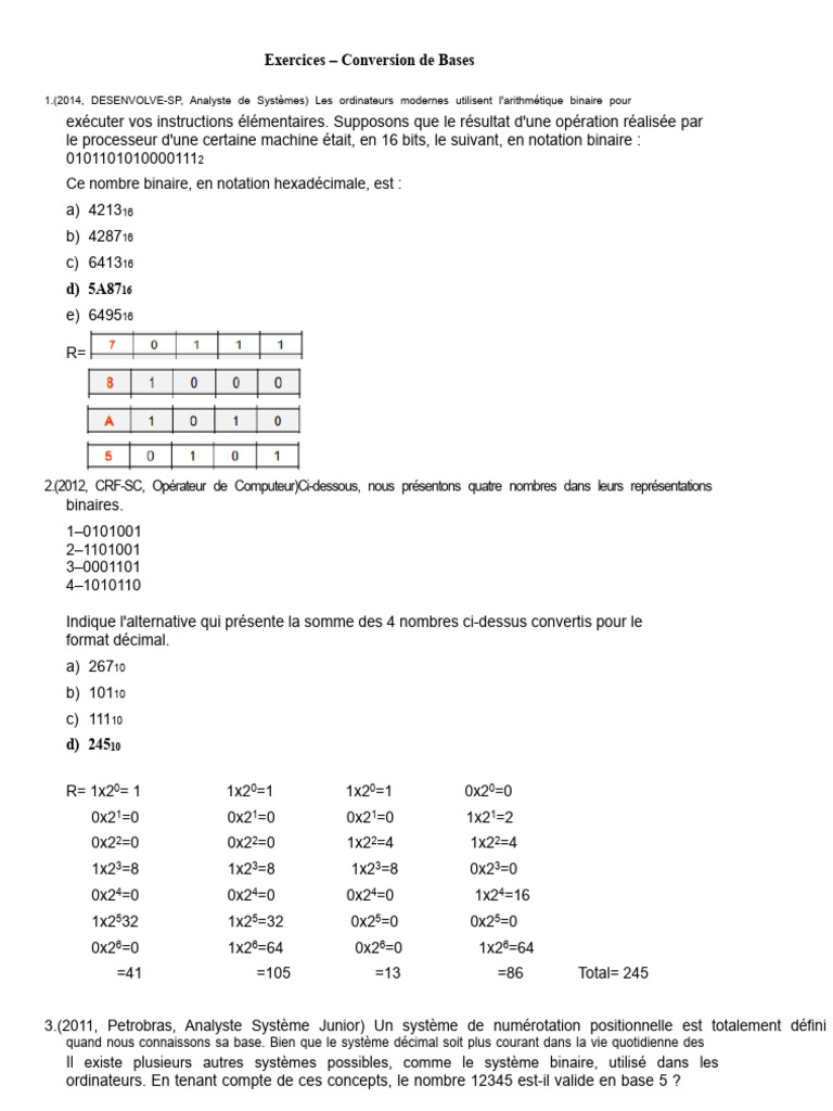 Exercices de Conversion de Bases Numériques | PDF | Arithmétique ...