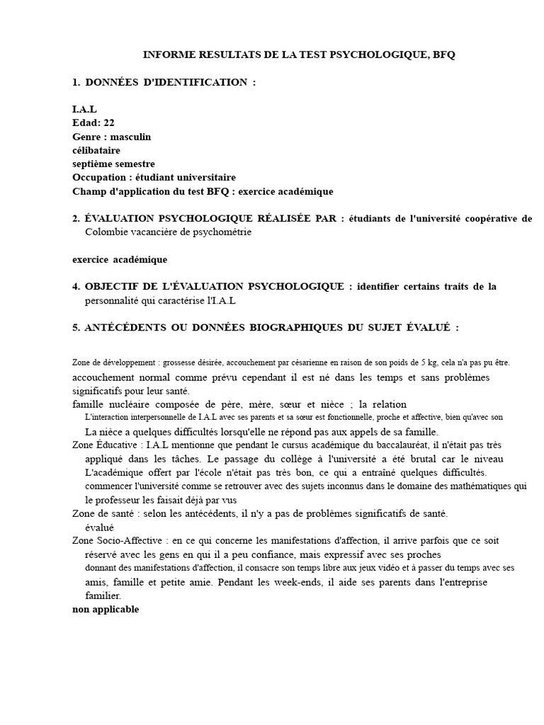 Résultats du Test Psychologique BFQ I.A.L | PDF | Psychologie ...