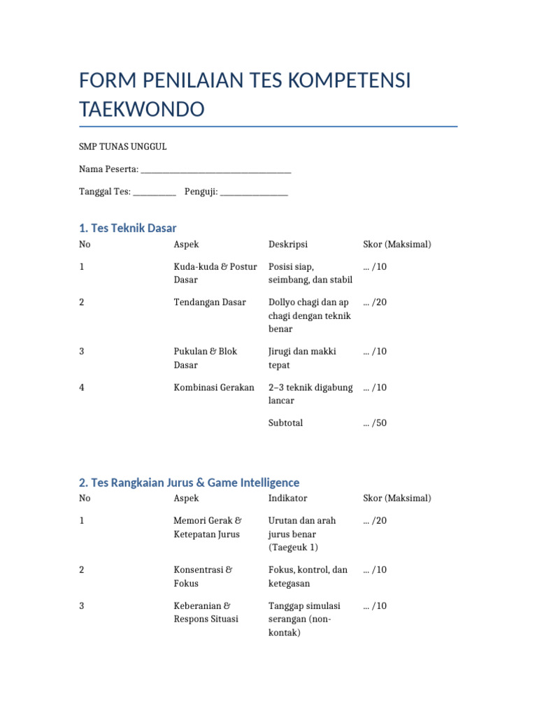 Penilaian Tes Kompetensi Taekwondo | PDF