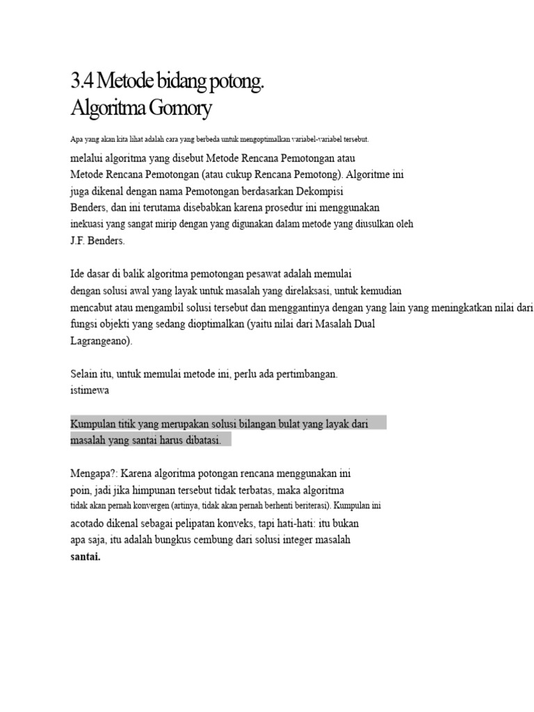 3.4 Metode Bidang Potong. Algoritma Gomory | PDF