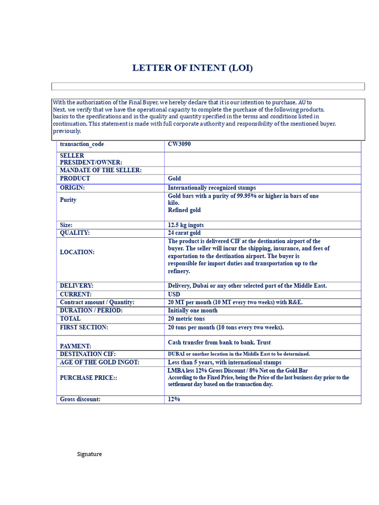 Gold Purchase Letter of Intent (LOI) | PDF | Arbitration | Sales