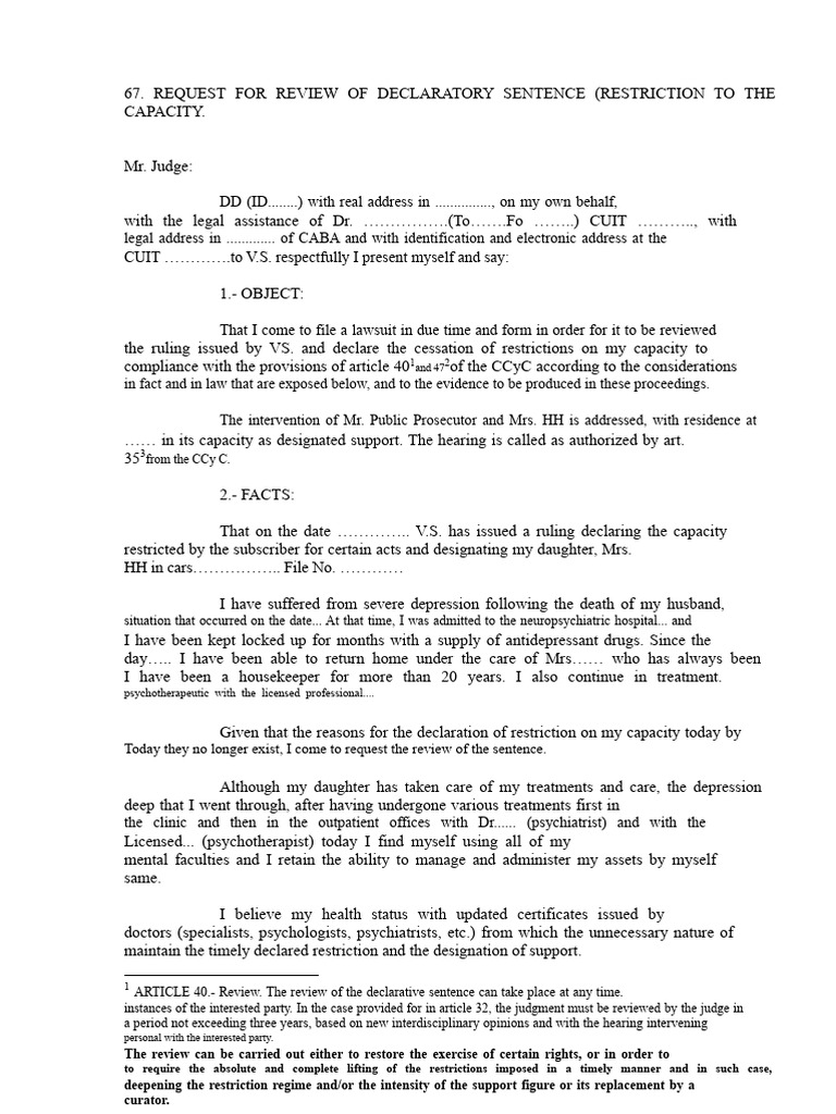 E - Request For Review of Declarative Sentence Restriction On Capacity ...