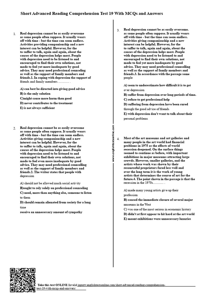 862 Short Advanced Reading Comprehension Test 19 With MCQs and Answers ...