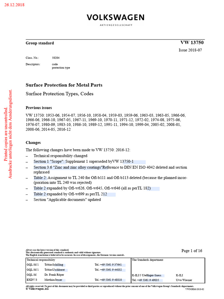 VW 13750: Surface Protection Standards | PDF | Screw | Nut (Hardware)
