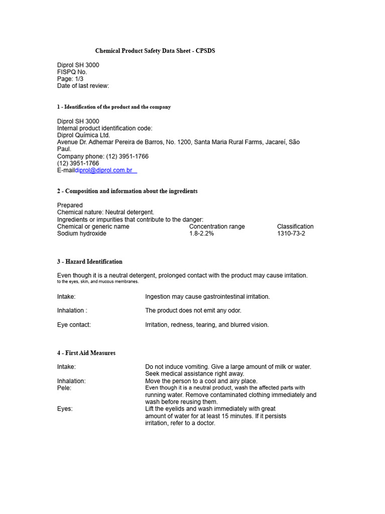 Diprol SH 3000 Safety Data Sheet | PDF | Dangerous Goods | Occupational ...