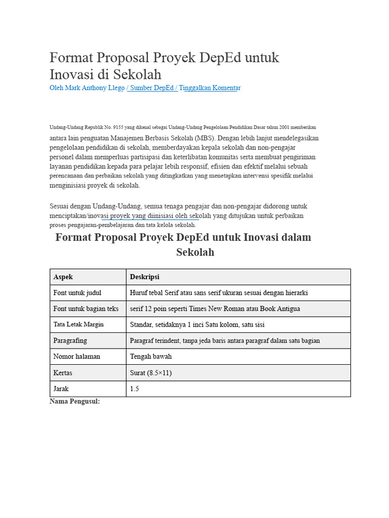 Format Proposal Proyek Inovasi DepEd | PDF