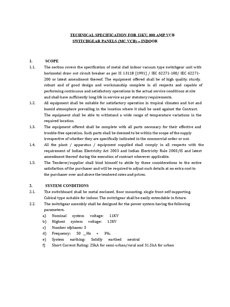 Specification 11kV VCB Panel - Indoor | PDF | Power (Physics) | Electricity