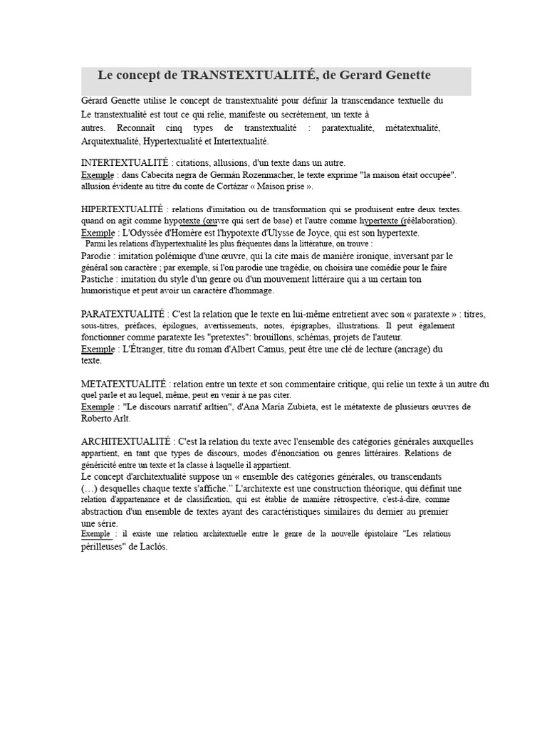 Comprendre la Transtextualité | PDF | Intertextualité | Critique littéraire