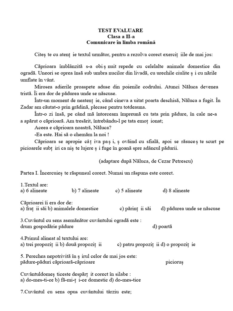 Test-Evaluare-Limba-Română-Clasa A II-a | PDF