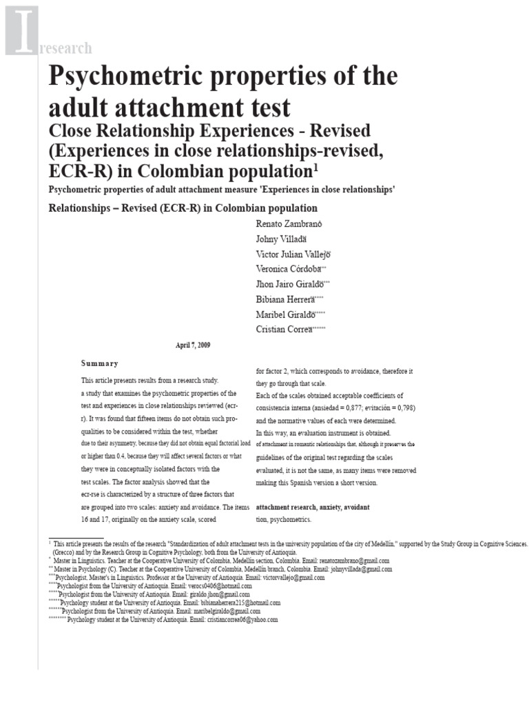 ECR-R Psychometric Properties | PDF | Attachment Theory | Psychometrics