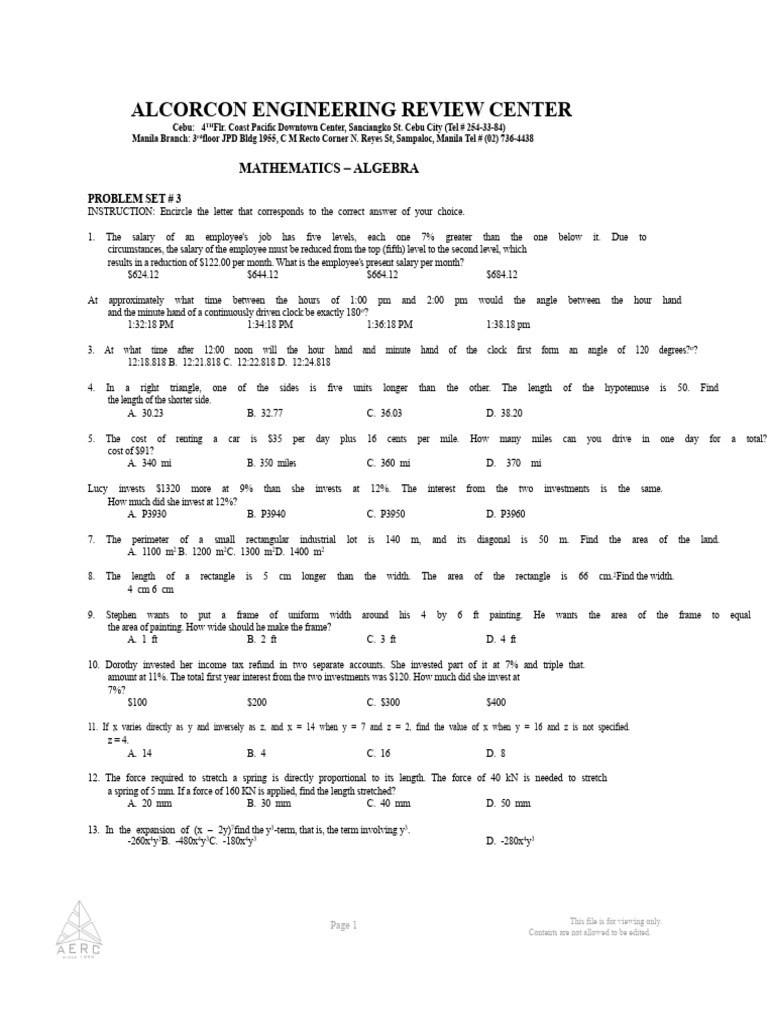 Alcorcon Engineering Review Center: Mathematics Algebra | PDF | Area ...