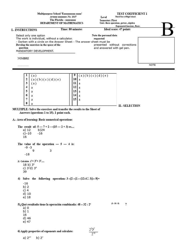 3rd Year High School Math Test | PDF | Multiple Choice | Mathematics