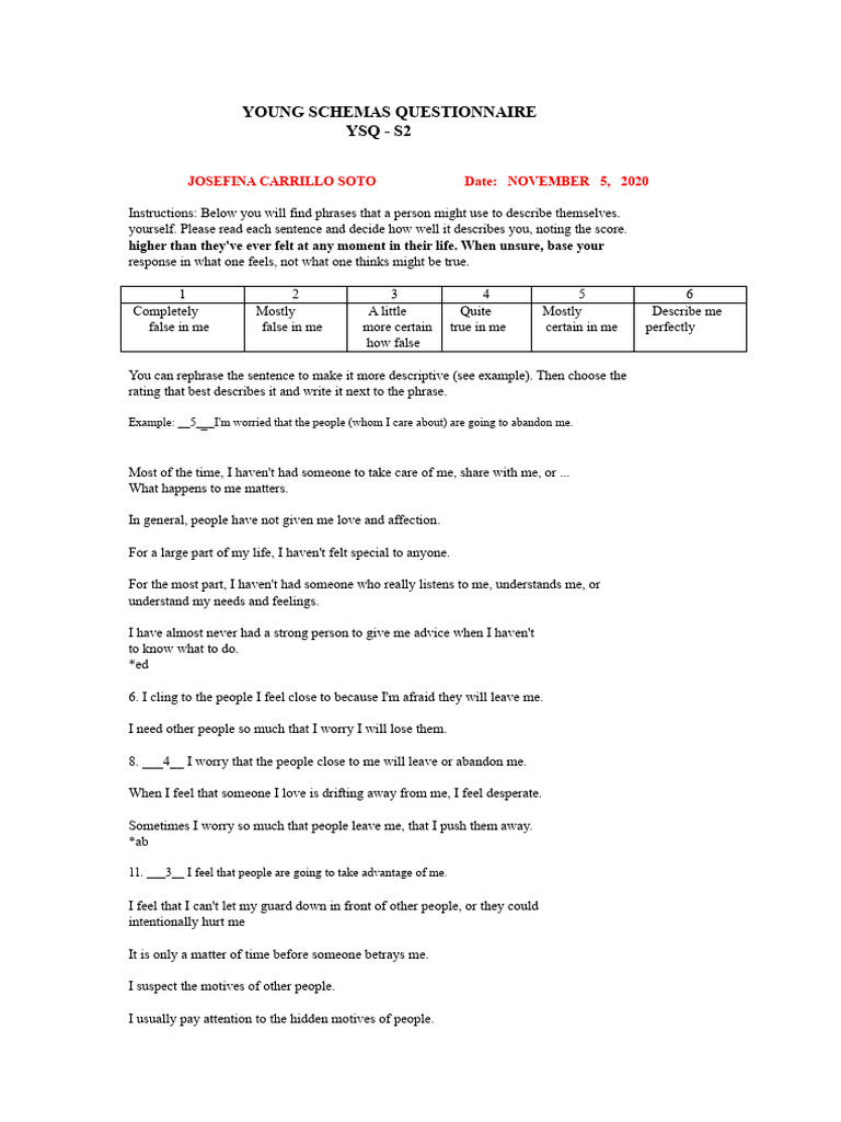 Young Schemas Questionnaire (YSQ) | PDF | Feeling | Social Psychology