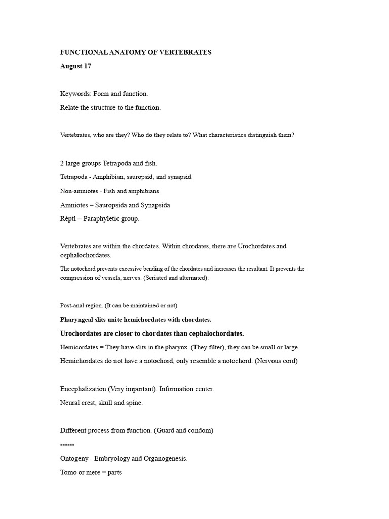 Vertebrate Functional Anatomy Overview | PDF | Vertebra | Gill