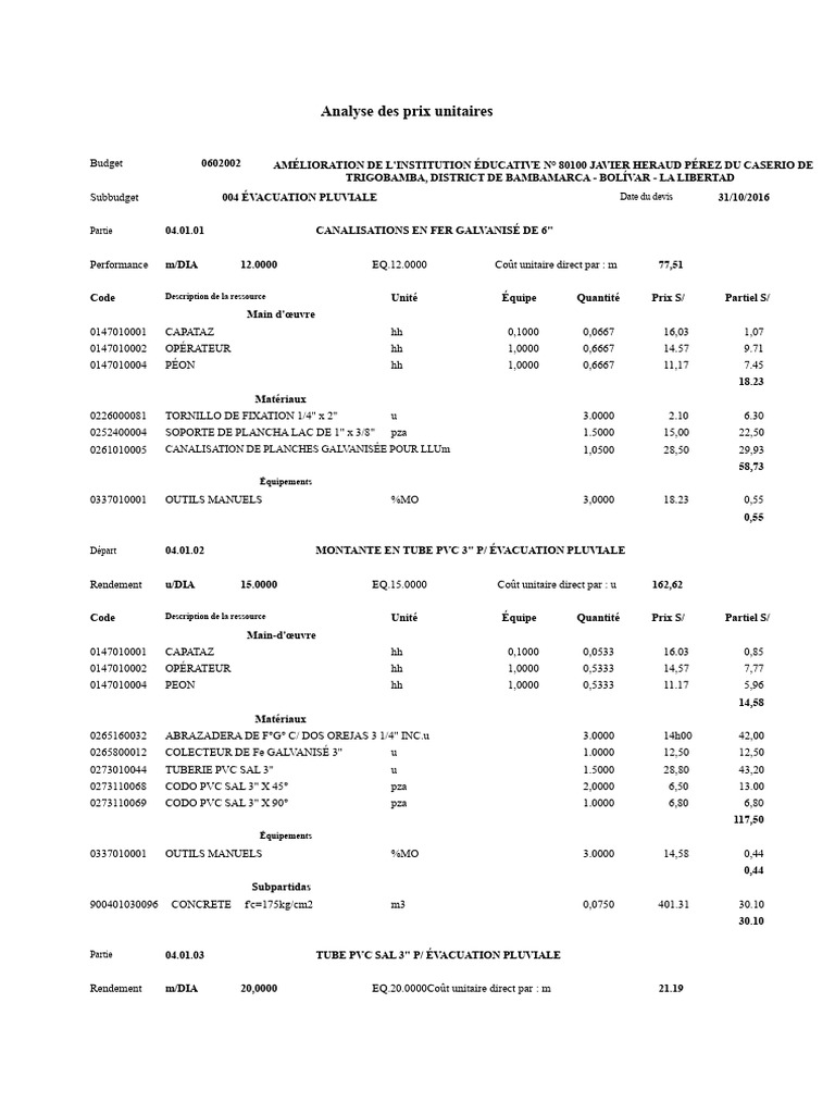 Analyse des prix unitaires pour évacuation | PDF | Génie chimique ...