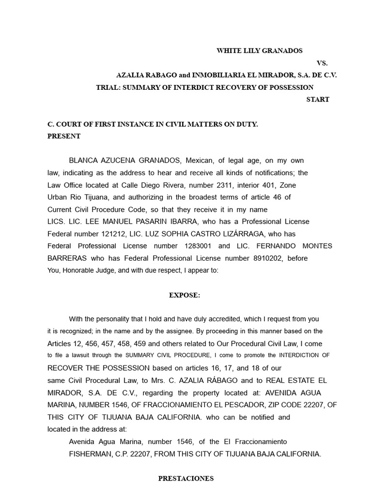 Interdict Recovery of Possession Case | PDF | Lawsuit | Complaint