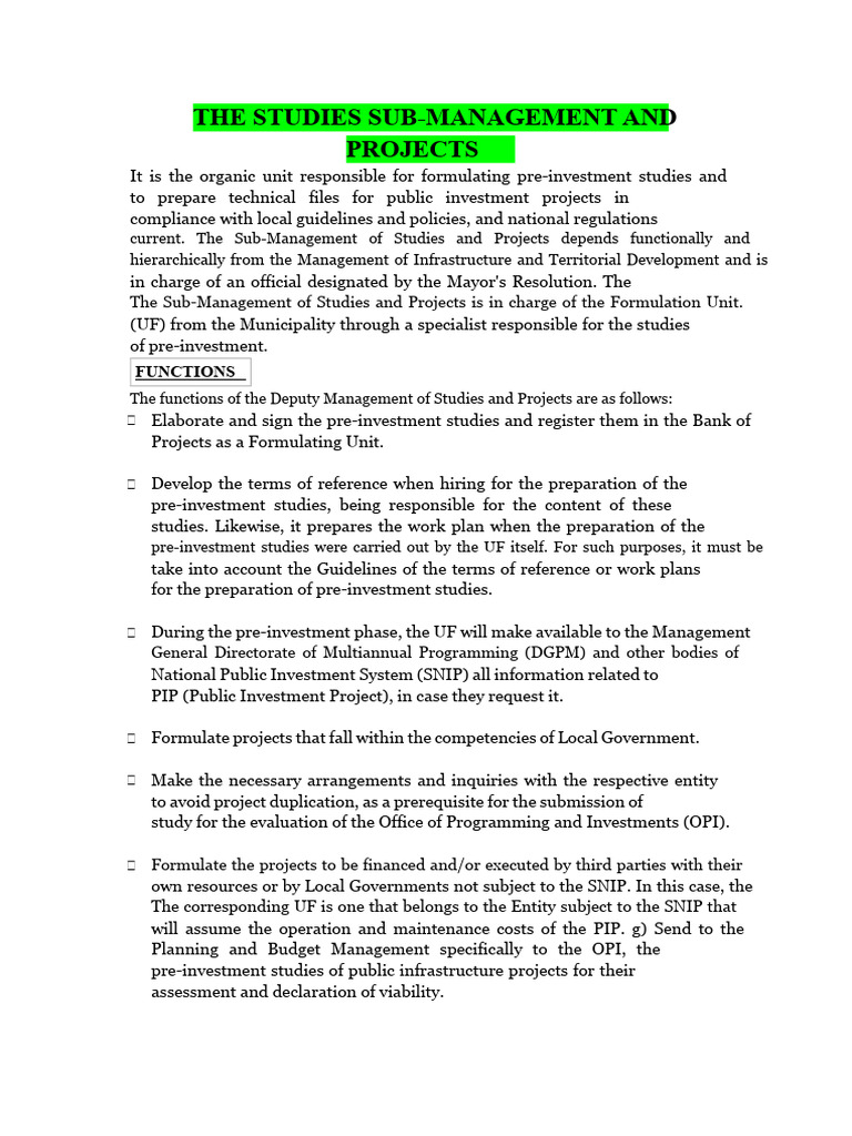 Functions of The Submanagement of Infrastructure Works, Studies and ...