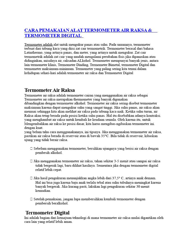 Cara Pemakaian Alat Termometer Air Raksa | PDF