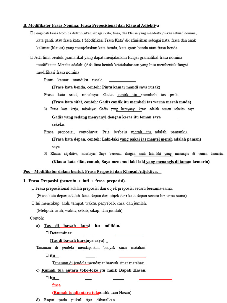 B MODIFIKATOR FRASA NOMINA Frasa Preposisi Dan Klausa Adjektiva | PDF