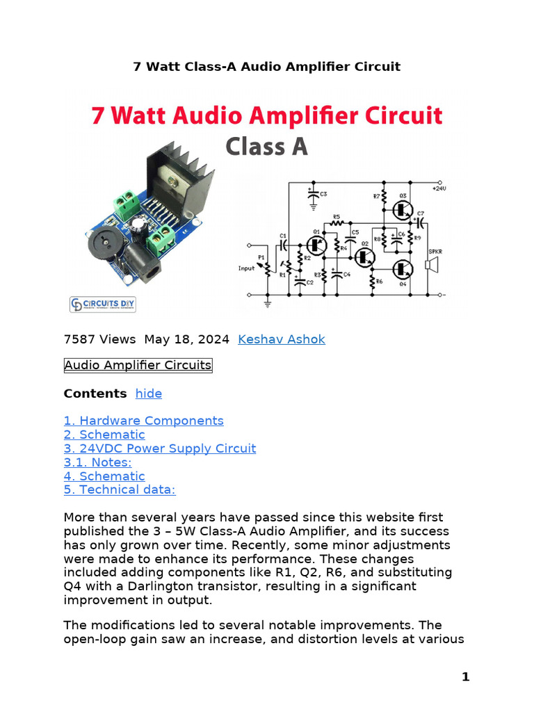 7 Watt Class-A Audio Amplifier Circuit | PDF | Amplifier | Electronic  Circuits, image size:768x1024